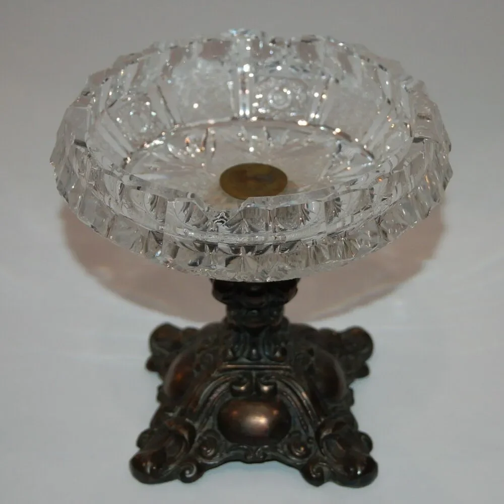VINTAGE L&L BRASS PEDESTAL CUT GLASS #8303 ASHTRAY DISH COMPOTE 5.5